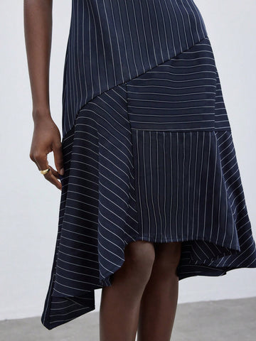 Women's Striped Asymmetrical Neck Ruffle Hem Sleeveless Dress