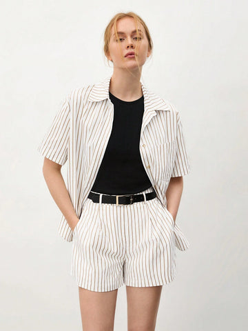 Women's Striped Print Short Sleeve Shirt And Casual Shorts Two-Piece Set