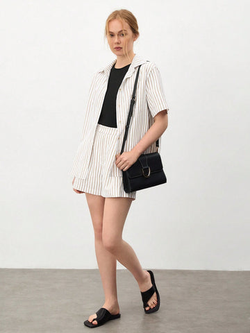 Women's Striped Print Short Sleeve Shirt And Casual Shorts Two-Piece Set