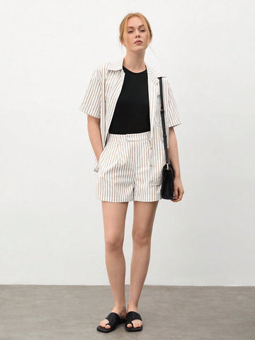 Women's Striped Print Short Sleeve Shirt And Casual Shorts Two-Piece Set