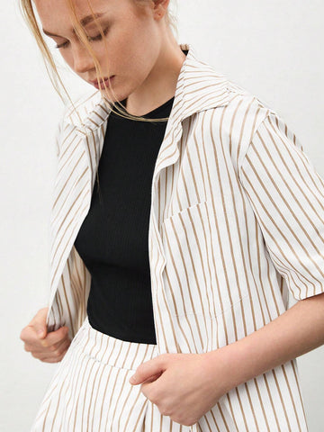 Women's Striped Print Short Sleeve Shirt And Casual Shorts Two-Piece Set