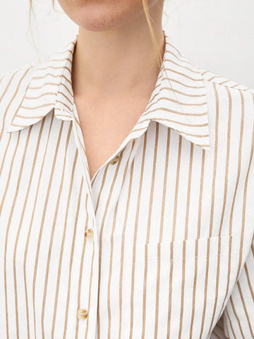 Women's Striped Print Short Sleeve Shirt And Casual Shorts Two-Piece Set