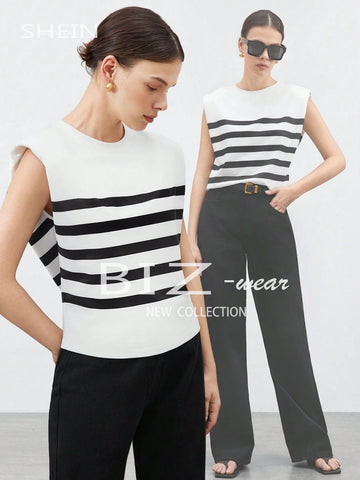 BIZwear Women's Striped Shoulder Pad Tank Top