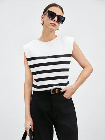 BIZwear Women's Striped Shoulder Pad Tank Top