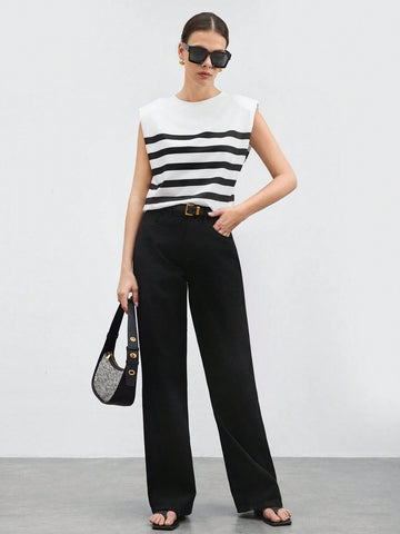 BIZwear Women's Striped Shoulder Pad Tank Top