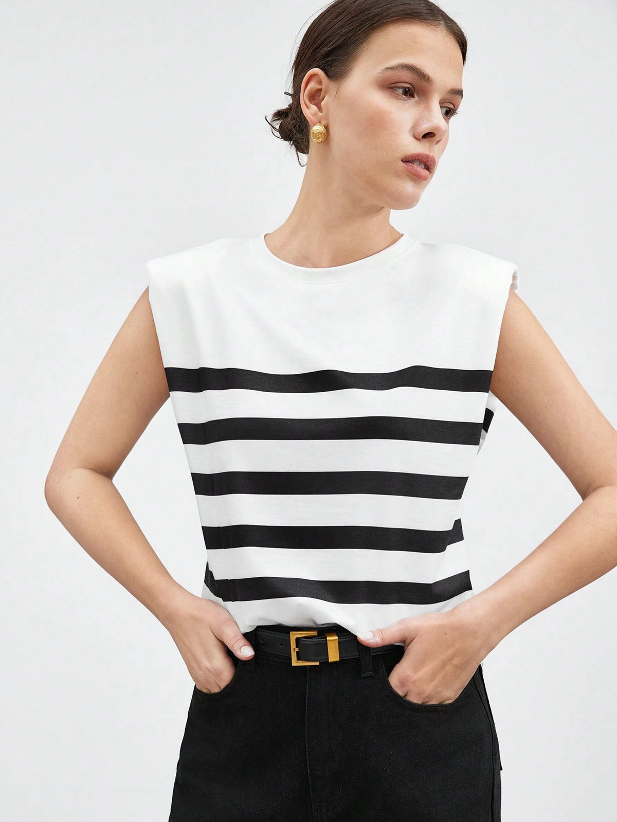 BIZwear Women's Striped Shoulder Pad Tank Top