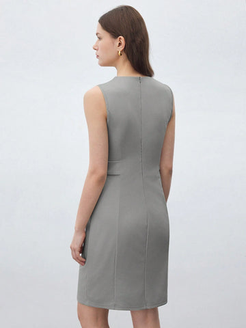 Women's Summer Casual & Business Solid Color Notched Neck Sleeveless Dress With Cinche