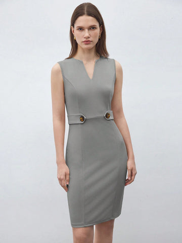 Women's Summer Casual & Business Solid Color Notched Neck Sleeveless Dress With Cinche