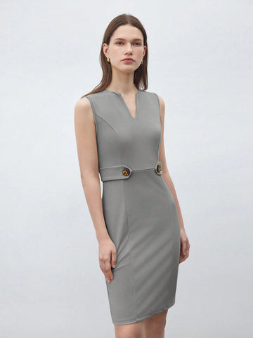 Women's Summer Casual & Business Solid Color Notched Neck Sleeveless Dress With Cinche