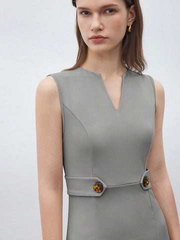 Women's Summer Casual & Business Solid Color Notched Neck Sleeveless Dress With Cinche