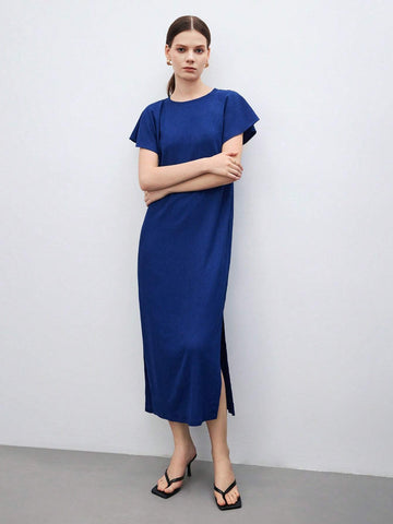 Women's Summer Short Sleeve Round Neck Ruffle Straight Casual Midi Dress