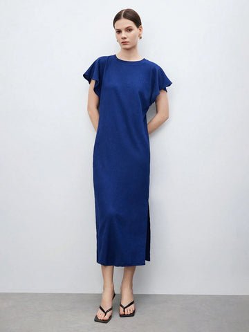 Women's Summer Short Sleeve Round Neck Ruffle Straight Casual Midi Dress