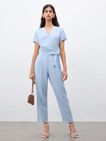 Women's Summer Solid Color Short Sleeve Overlapping V-Neck Elegant Jumpsuit