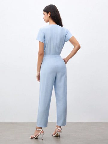 Women's Summer Solid Color Short Sleeve Overlapping V-Neck Elegant Jumpsuit