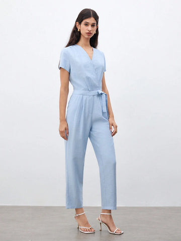 Women's Summer Solid Color Short Sleeve Overlapping V-Neck Elegant Jumpsuit