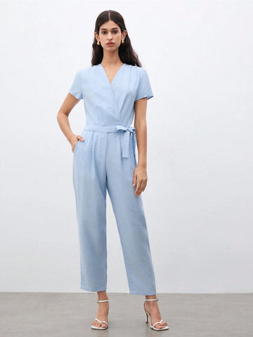 Women's Summer Solid Color Short Sleeve Overlapping V-Neck Elegant Jumpsuit