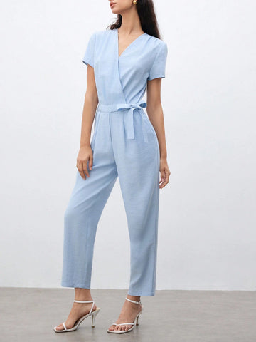 Women's Summer Solid Color Short Sleeve Overlapping V-Neck Elegant Jumpsuit