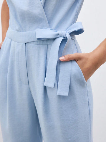 Women's Summer Solid Color Short Sleeve Overlapping V-Neck Elegant Jumpsuit