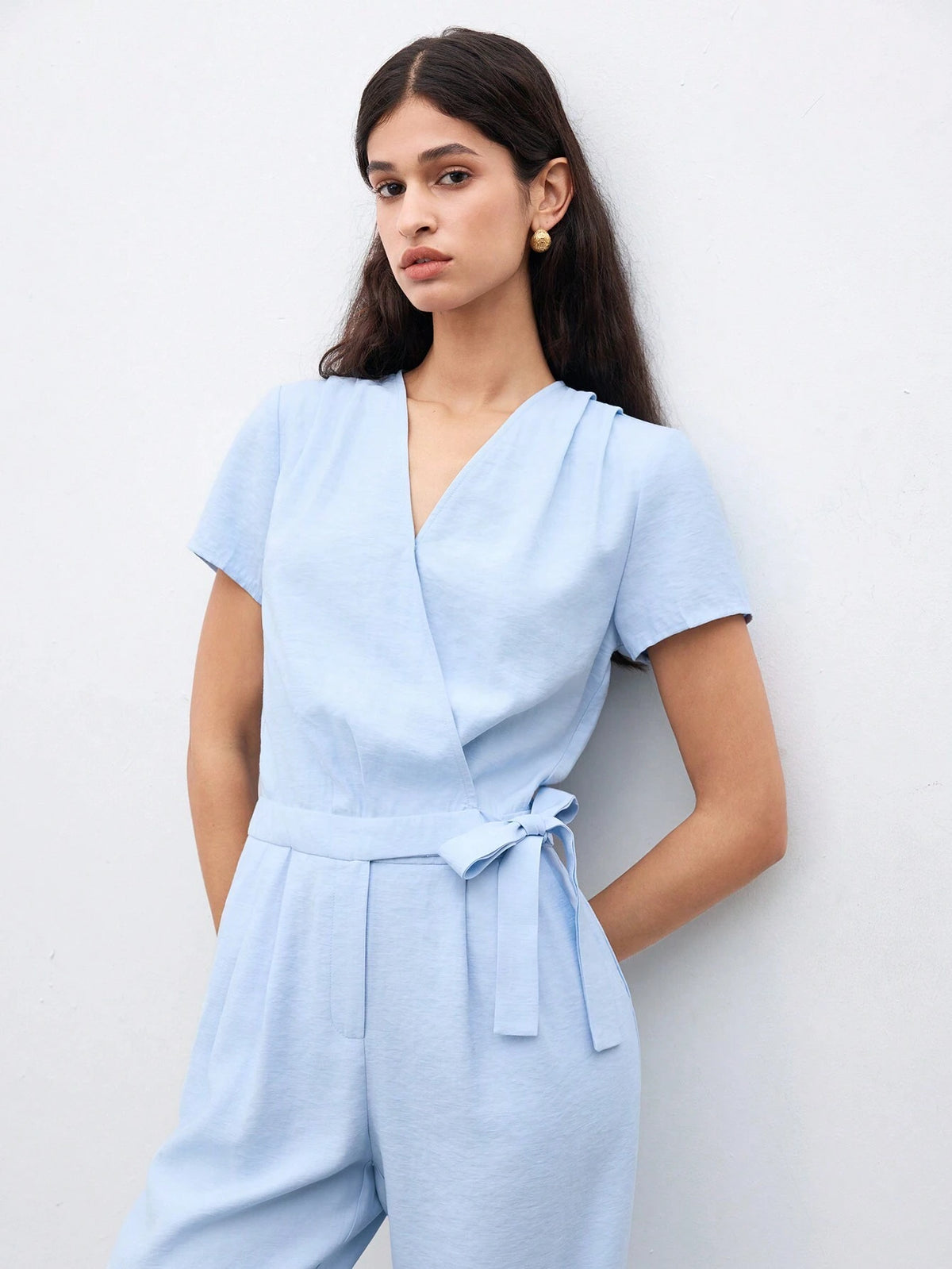 Women's Summer Solid Color Short Sleeve Overlapping V-Neck Elegant Jumpsuit