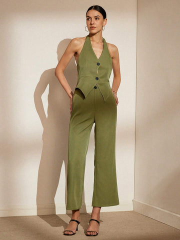 Women's V-Neck Halter Backless Waistband Vest And Wide Leg Pants Two-Piece Set,
