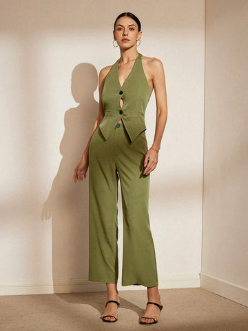 Women's V-Neck Halter Backless Waistband Vest And Wide Leg Pants Two-Piece Set,
