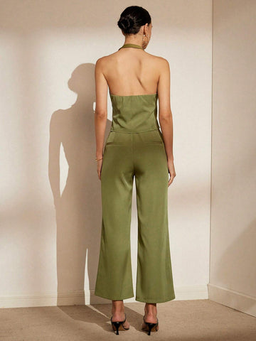 Women's V-Neck Halter Backless Waistband Vest And Wide Leg Pants Two-Piece Set,