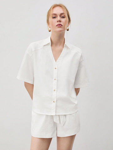 Women's V-Neck Shirt & Tie Waist Shorts Set