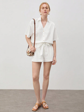 Women's V-Neck Shirt & Tie Waist Shorts Set