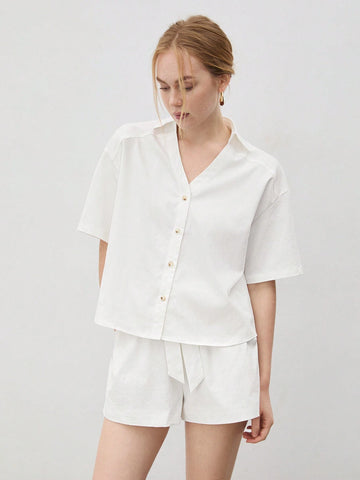 Women's V-Neck Shirt & Tie Waist Shorts Set