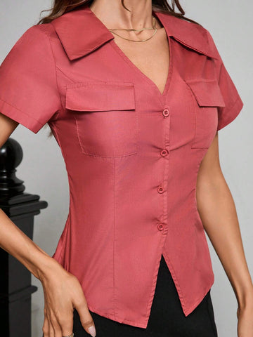 BIZwear Women's V-Neck Work Shirt, Slim Fit With Side Slit