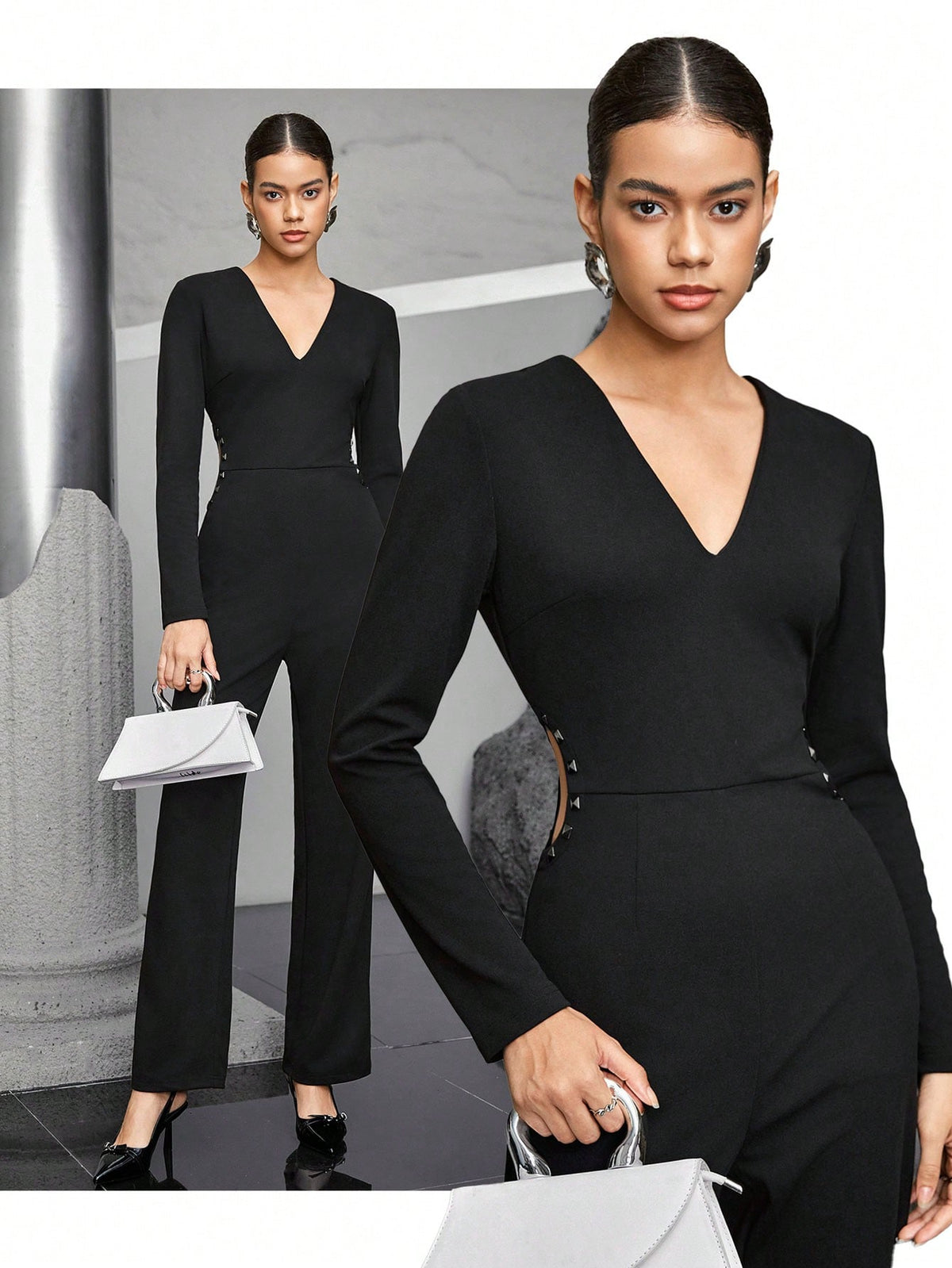 Women's V-neck Hollow Out Romper With Rivets Embellishment