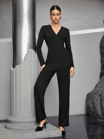 Women's V-neck Hollow Out Romper With Rivets Embellishment