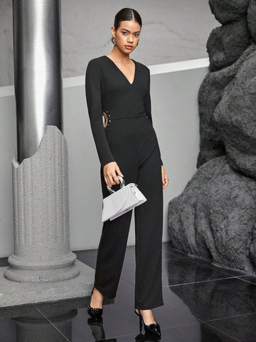 Women's V-neck Hollow Out Romper With Rivets Embellishment