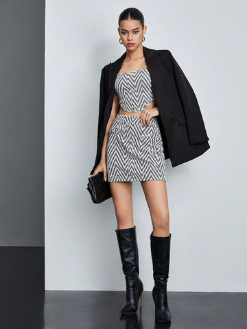 Women's Zigzag Bandeau Top And Skirt Set