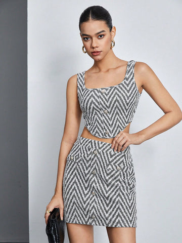 Women's Zigzag Bandeau Top And Skirt Set