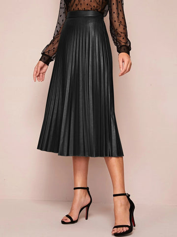 BIZwear Zipper Side Pleated PU Skirt Workwear