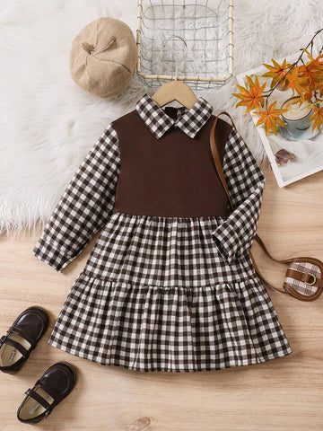 Back To School Girls Casual Elegant Classic Black & White Plaid Color Block Patchwork Lapel Collar Layered Ruffle Hem Flare Dress For School