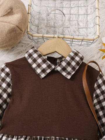Back To School Girls Casual Elegant Classic Black & White Plaid Color Block Patchwork Lapel Collar Layered Ruffle Hem Flare Dress For School