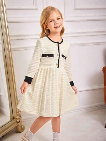 Back To School Girls White Crochet Patchwork Black Knit Long Sleeve Dress