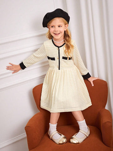 Back To School Girls White Crochet Patchwork Black Knit Long Sleeve Dress