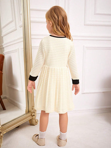 Back To School Girls White Crochet Patchwork Black Knit Long Sleeve Dress