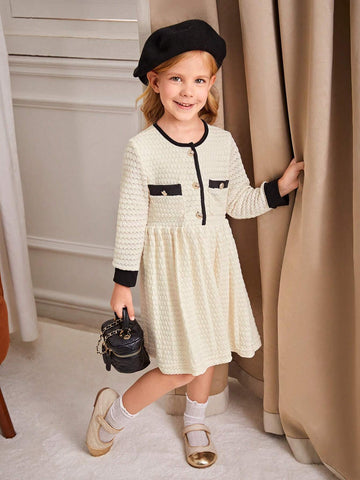 Back To School Girls White Crochet Patchwork Black Knit Long Sleeve Dress
