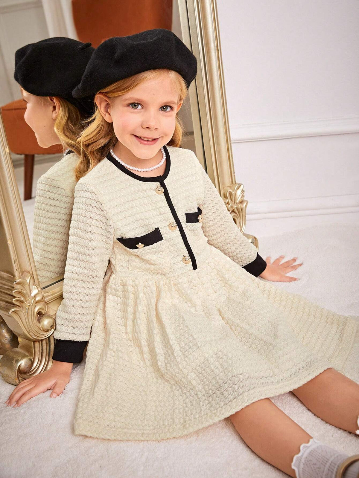 Back To School Girls White Crochet Patchwork Black Knit Long Sleeve Dress
