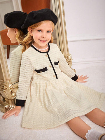 Back To School Girls White Crochet Patchwork Black Knit Long Sleeve Dress