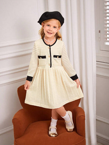 Back To School Girls White Crochet Patchwork Black Knit Long Sleeve Dress