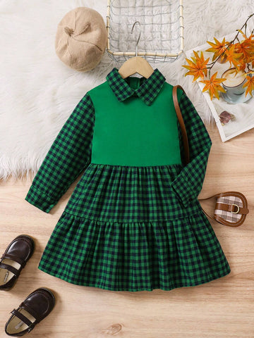 Back To School Girls Young Girl Elegant Classic Plaid Splice Lapel Asymmetric Ruffled Hem Dress, Suitable For Campus Wear