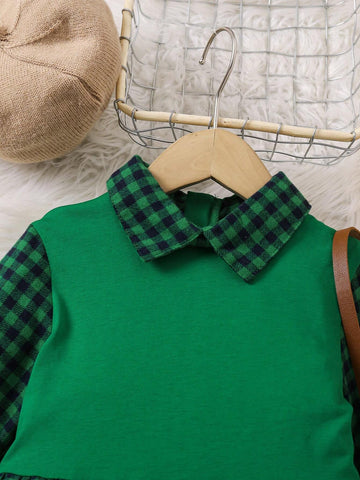 Back To School Girls Young Girl Elegant Classic Plaid Splice Lapel Asymmetric Ruffled Hem Dress, Suitable For Campus Wear