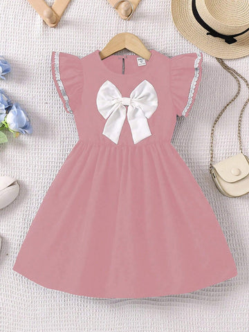 Back To School Navy Blue Bowknot Accent Casual Girls Dress With White Ruffle Details, Summer Transition Fashion