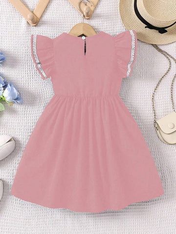 Back To School Navy Blue Bowknot Accent Casual Girls Dress With White Ruffle Details, Summer Transition Fashion