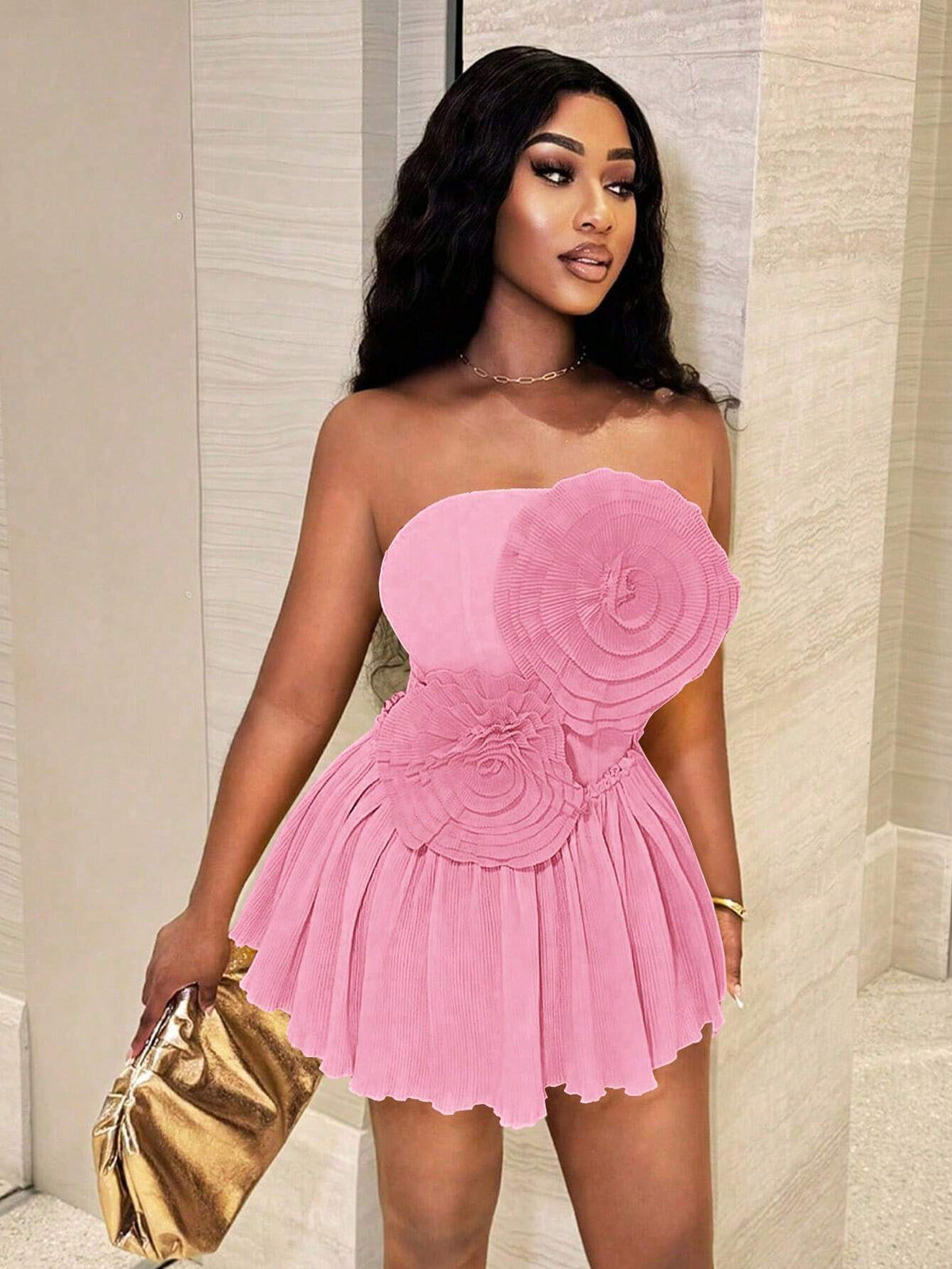 Glam Women 3D Floral Decor Crop Top Style Elegant Mini Dress